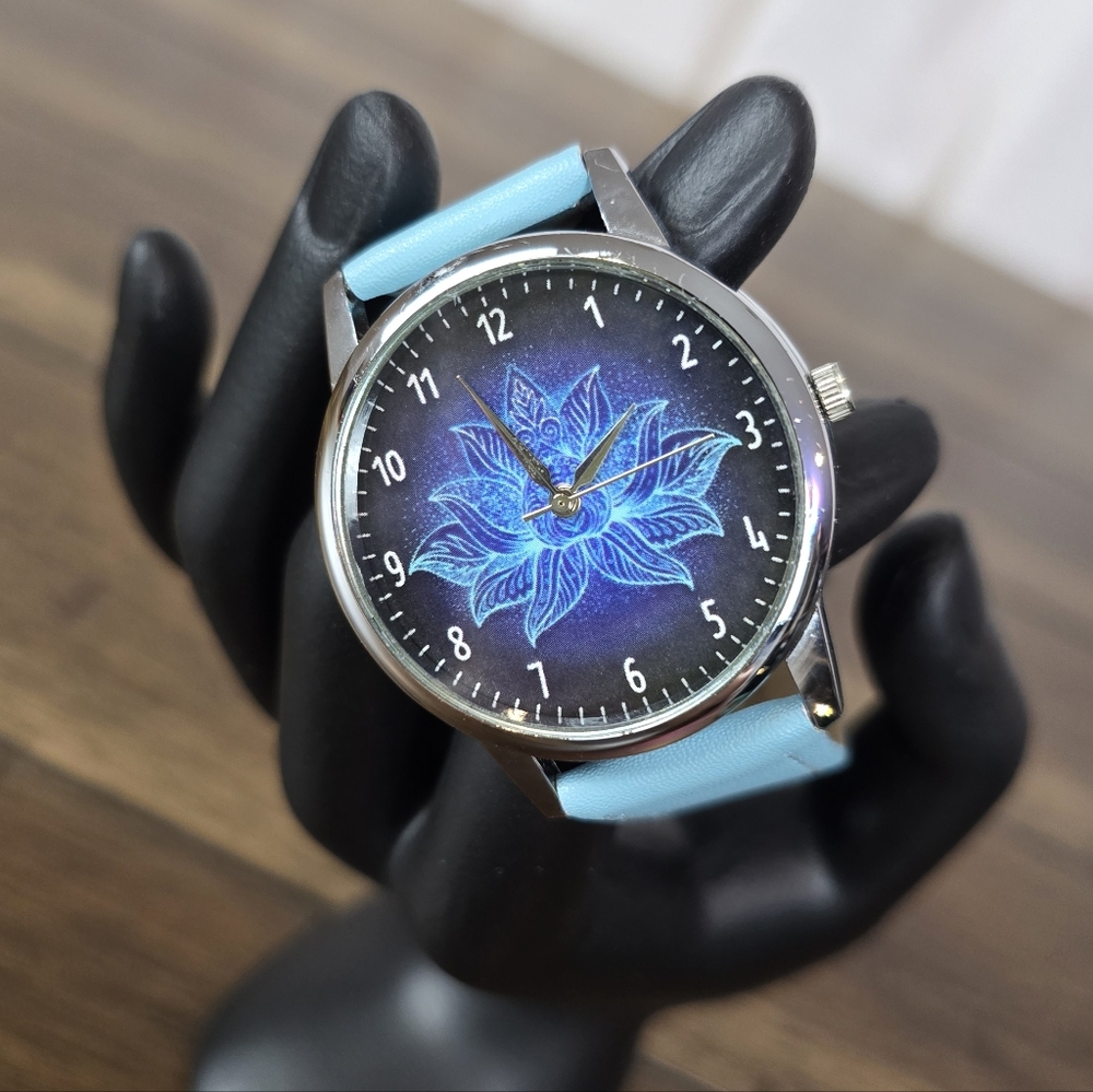 Polish Blue Lotus Watch‎ – Genuine Leather Band – 1.5" Case